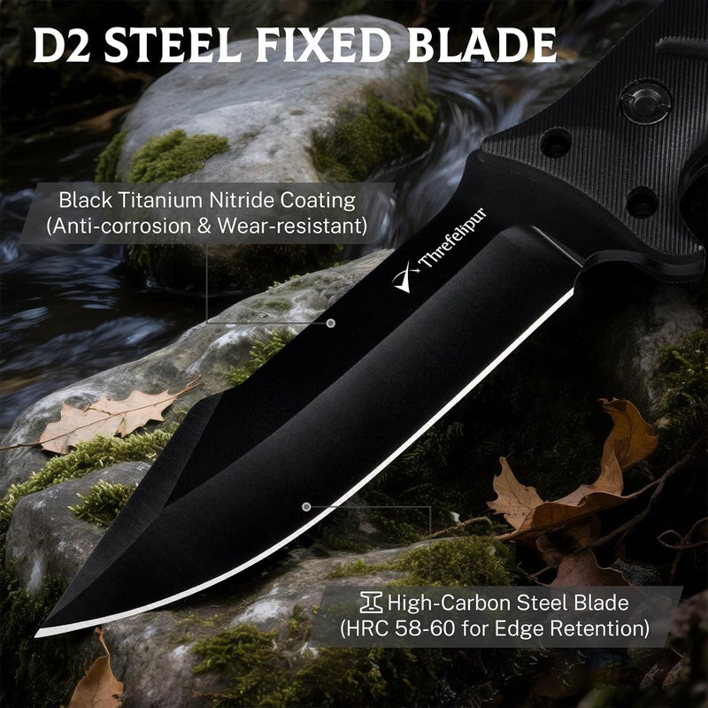 Threfelipur Camping Knife for Men, D2 Steel Fixed Blade Tactical Survival Knife with Sheath - Compact & Portable for Outdoor Hiking, Bushcraft, G10 Handle - Black - Image 3